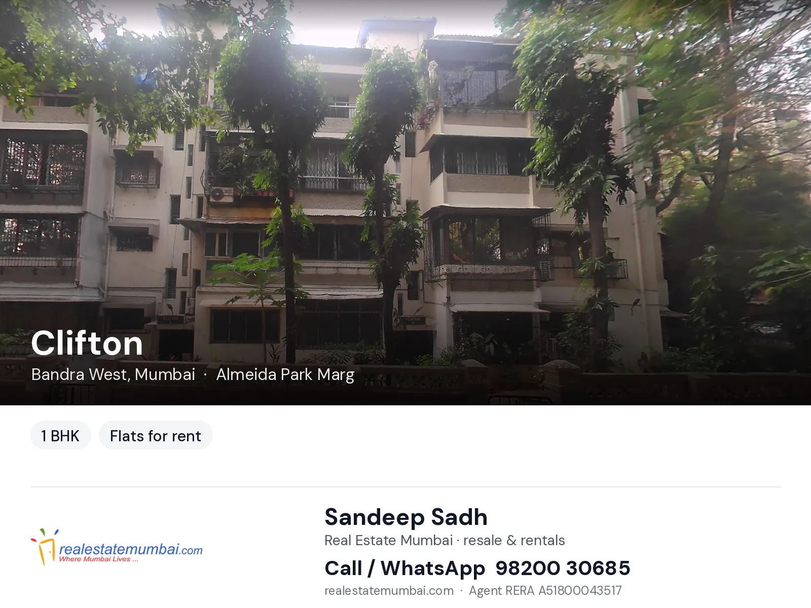 Clifton, Bandra West, Mumbai — 1 BHK flats for rent | Real Estate Mumbai, Sandeep Sadh 98200 30685