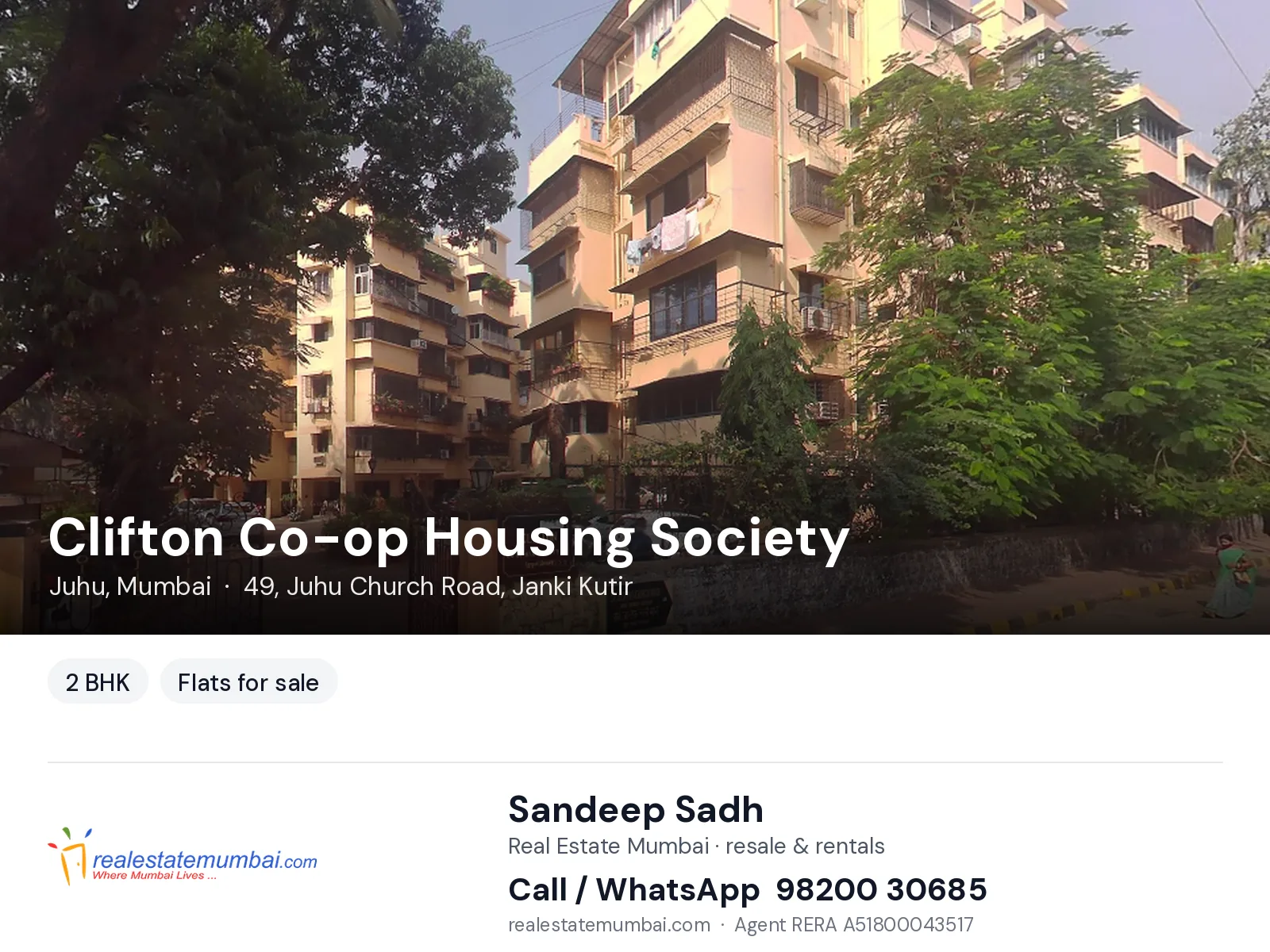 Clifton Co-op Housing Society, Juhu, Mumbai — 2 BHK flats for sale | Real Estate Mumbai, Sandeep Sadh 98200 30685