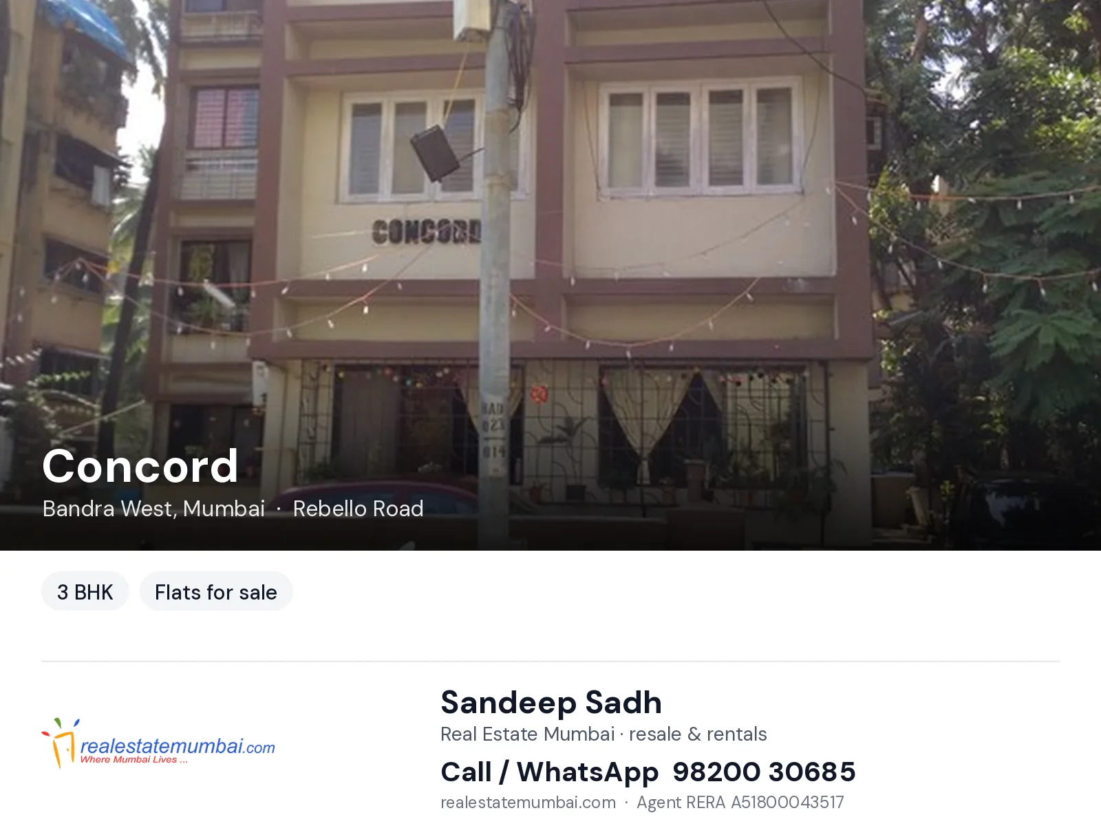 Concord, Bandra West, Mumbai — 3 BHK flats for sale | Real Estate Mumbai, Sandeep Sadh 98200 30685