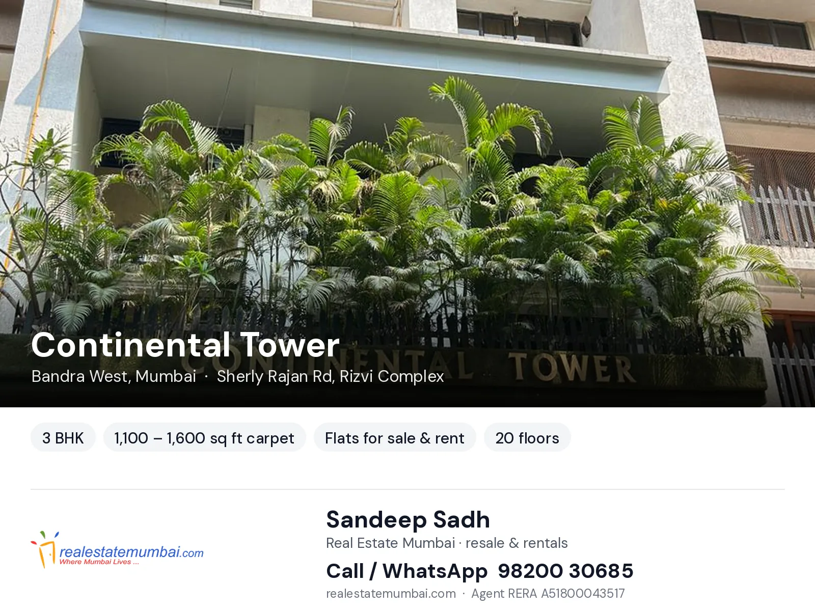 Continental Tower, Bandra West, Mumbai — 3 BHK flats for sale & rent | Real Estate Mumbai, Sandeep Sadh 98200 30685