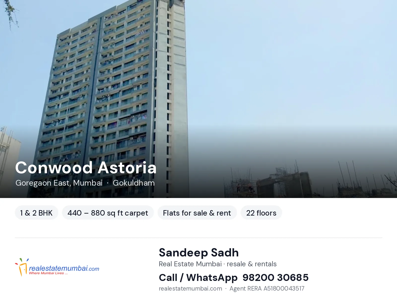 Conwood Astoria, Goregaon East, Mumbai — 1 & 2 BHK flats for sale & rent | Real Estate Mumbai, Sandeep Sadh 98200 30685