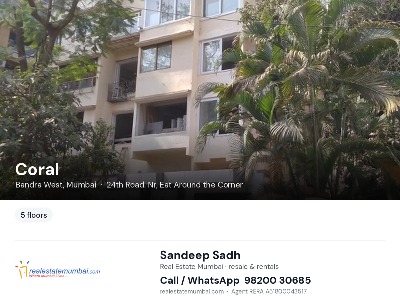Coral, Bandra West, Mumbai — flats | Real Estate Mumbai, Sandeep Sadh 98200 30685