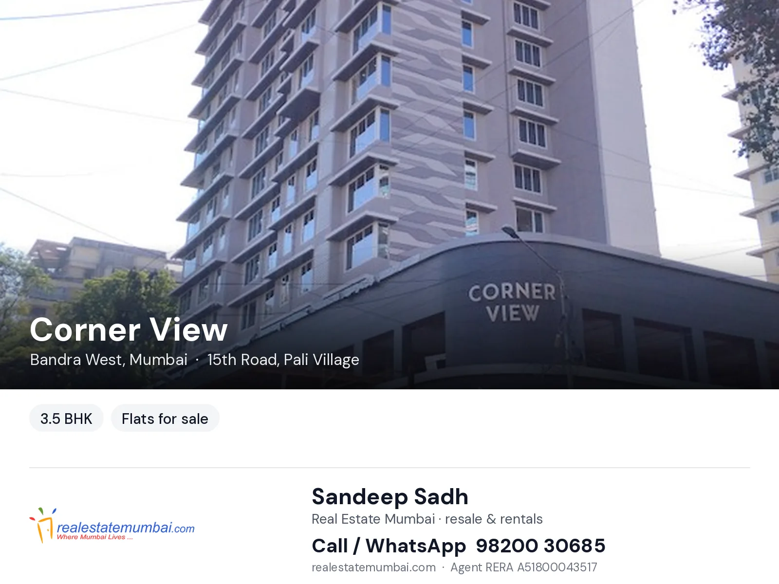 Corner View, Bandra West, Mumbai — 3.5 BHK flats for sale | Real Estate Mumbai, Sandeep Sadh 98200 30685