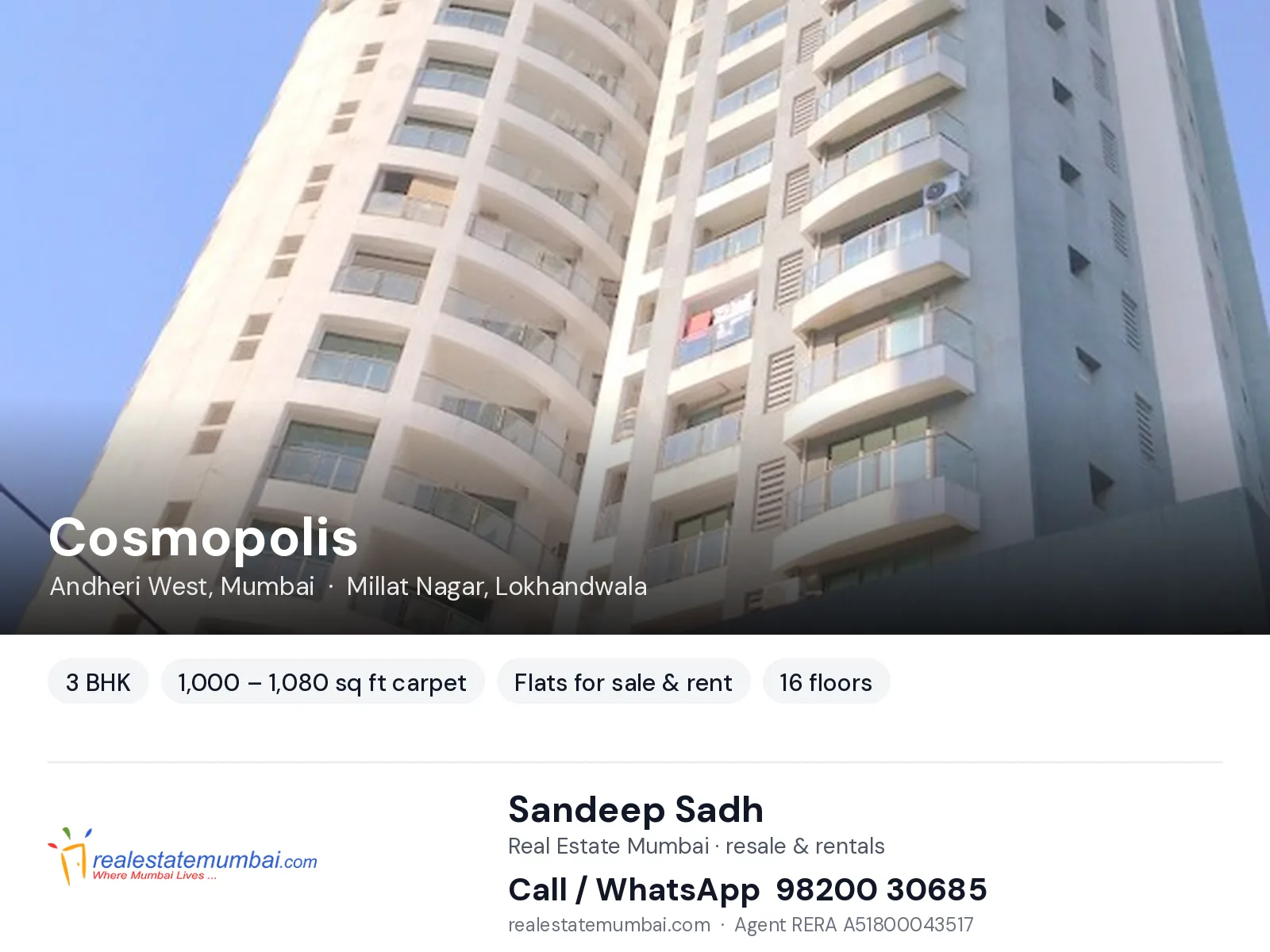 Cosmopolis, Andheri West, Mumbai — 3 BHK flats for sale & rent | Real Estate Mumbai, Sandeep Sadh 98200 30685