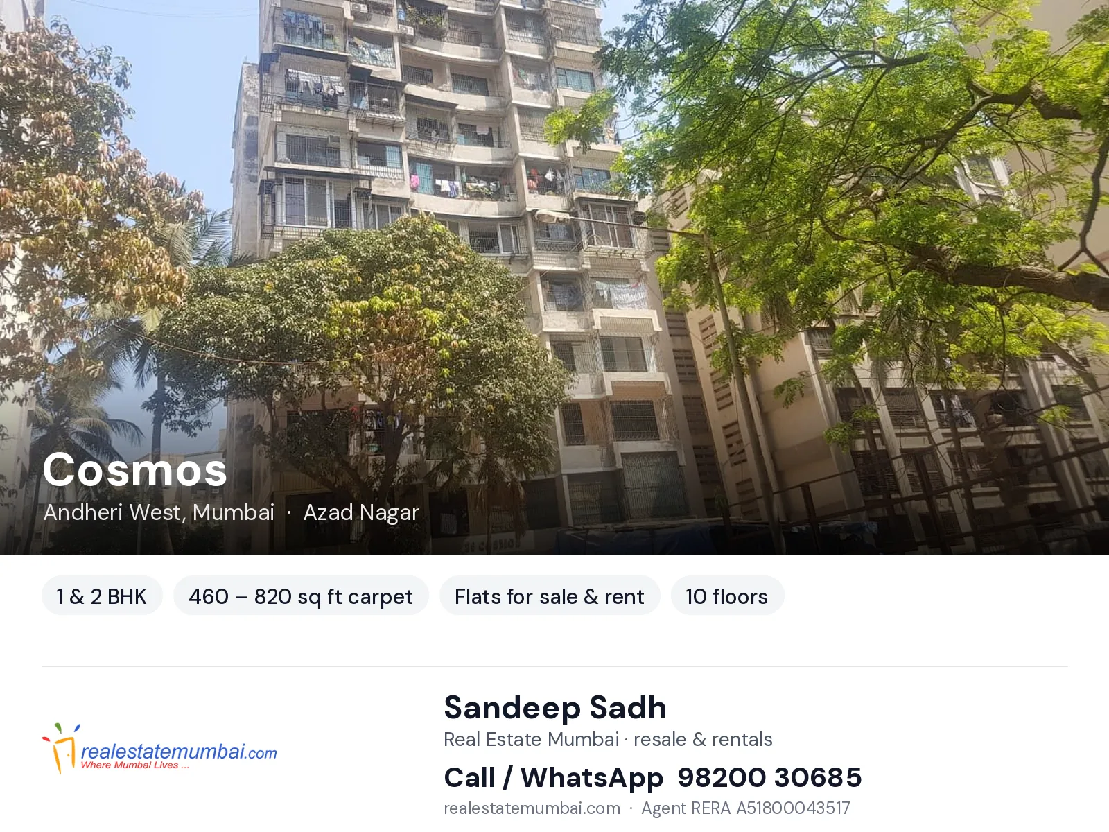 Cosmos, Andheri West, Mumbai — 1 & 2 BHK flats for sale & rent | Real Estate Mumbai, Sandeep Sadh 98200 30685
