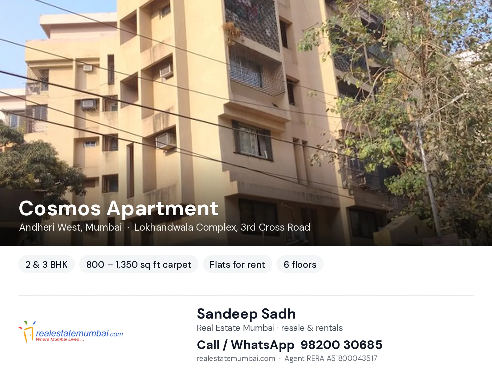 Cosmos Apartment, Andheri West, Mumbai — 2 & 3 BHK flats for rent | Real Estate Mumbai, Sandeep Sadh 98200 30685