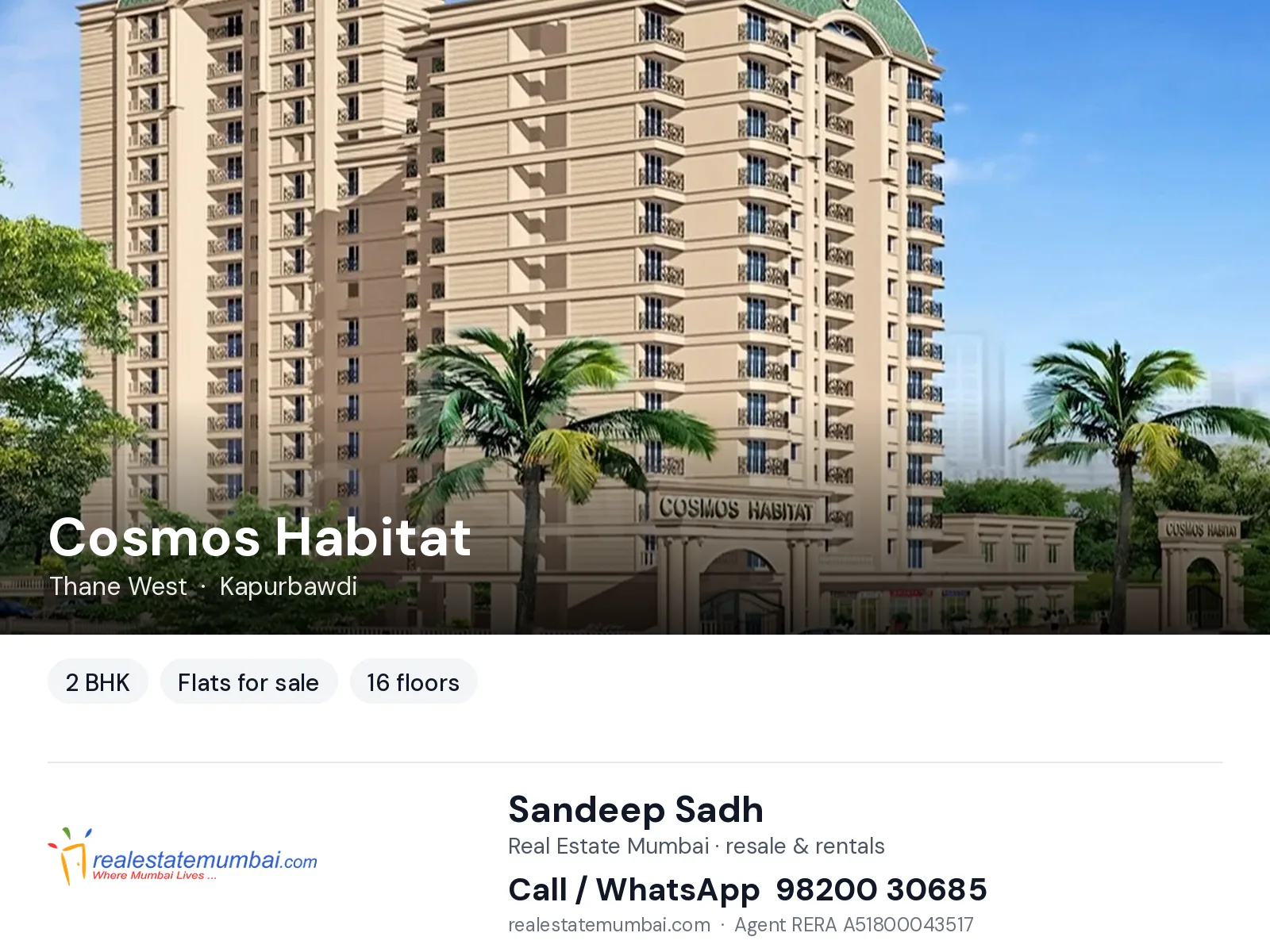 Cosmos Habitat, Thane West — 2 BHK flats for sale | Real Estate Mumbai, Sandeep Sadh 98200 30685