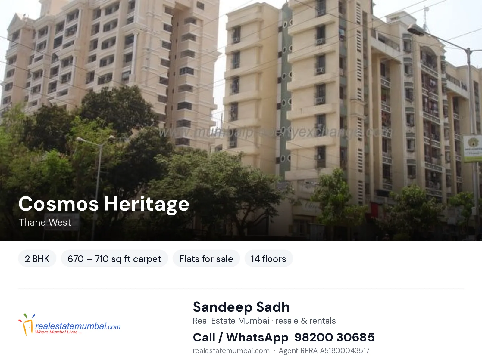 Cosmos Heritage, Thane West — 2 BHK flats for sale | Real Estate Mumbai, Sandeep Sadh 98200 30685