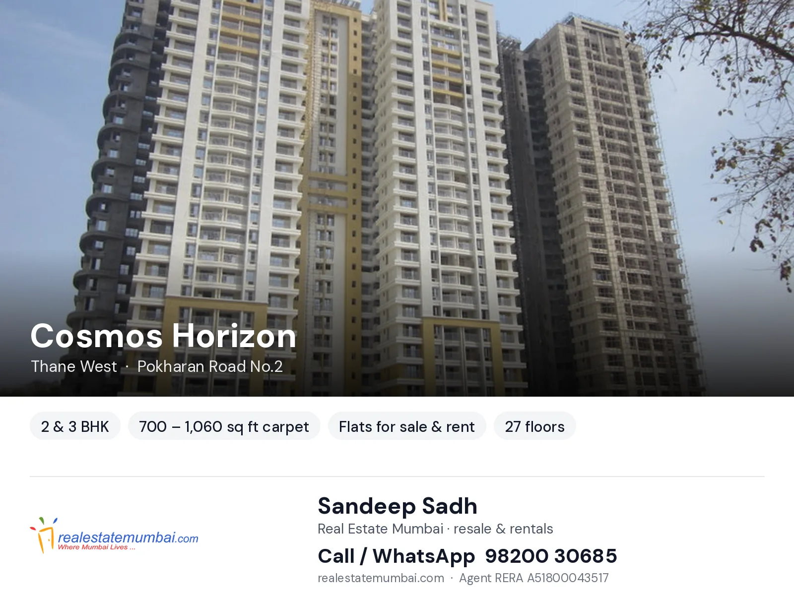 Cosmos Horizon, Thane West — 2 & 3 BHK flats for sale & rent | Real Estate Mumbai, Sandeep Sadh 98200 30685