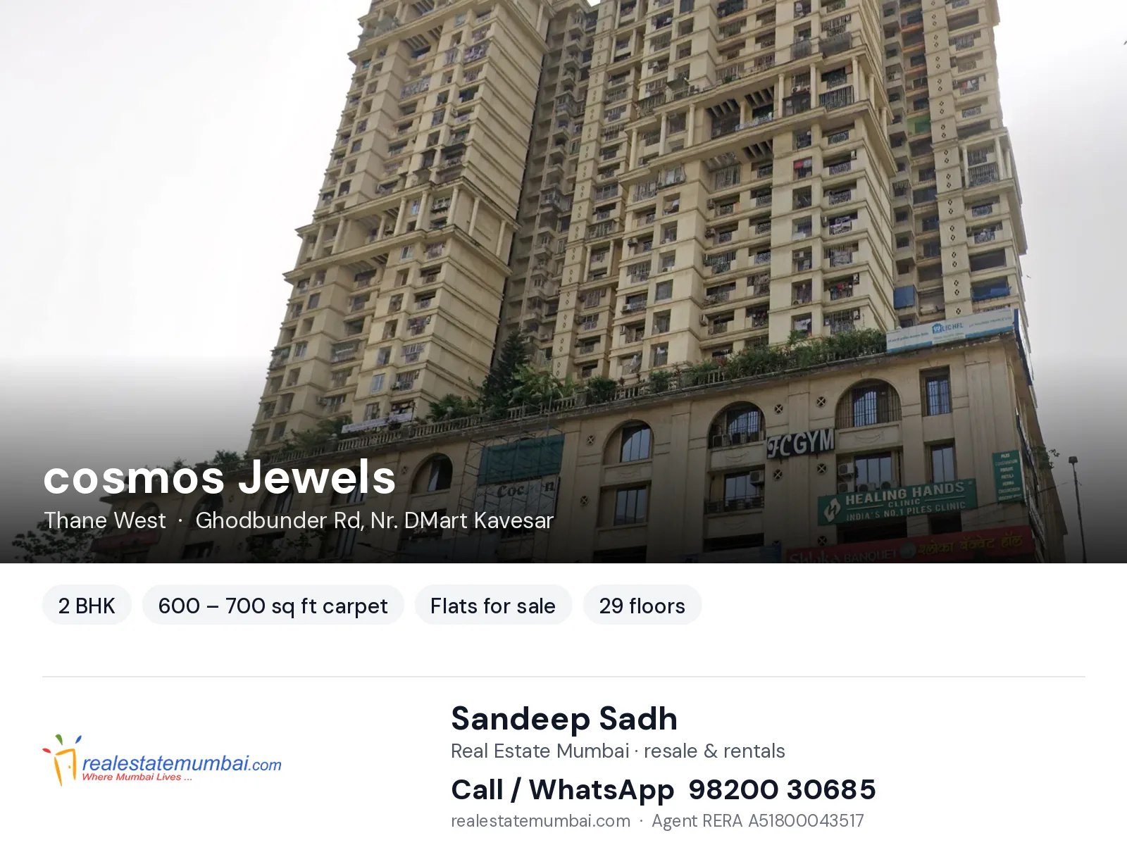 cosmos Jewels, Thane West — 2 BHK flats for sale | Real Estate Mumbai, Sandeep Sadh 98200 30685