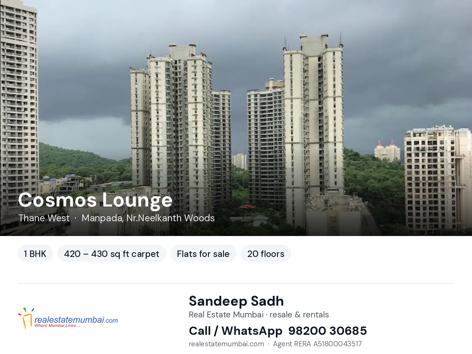 Cosmos Lounge, Thane West — 1 BHK flats for sale | Real Estate Mumbai, Sandeep Sadh 98200 30685