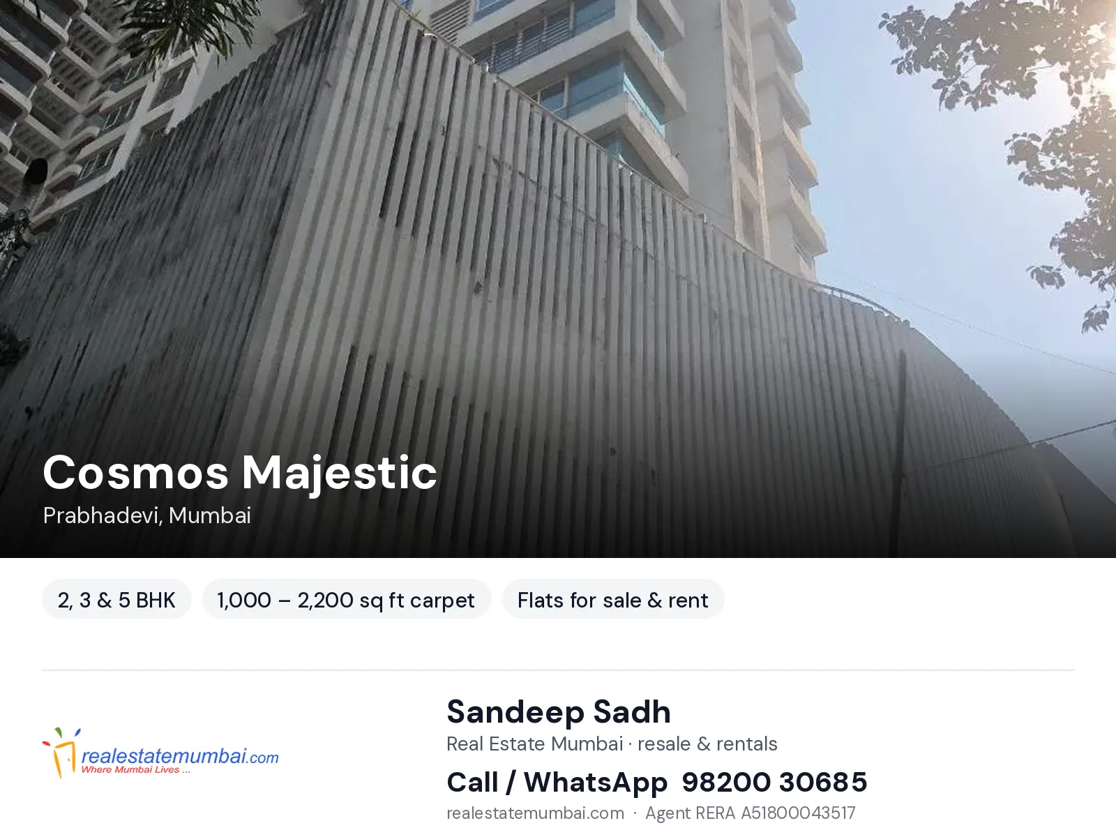 Cosmos Majestic, Prabhadevi, Mumbai — 2, 3 & 5 BHK flats for sale & rent | Real Estate Mumbai, Sandeep Sadh 98200 30685