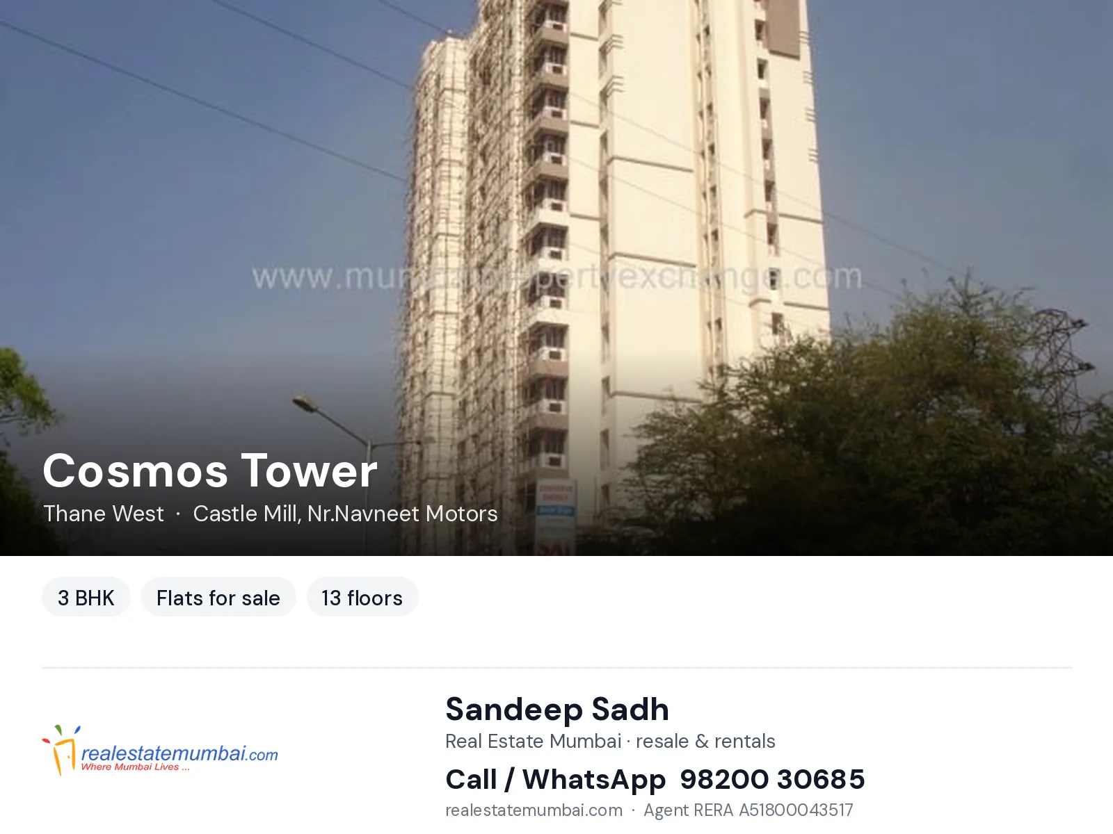 Cosmos Tower, Thane West — 3 BHK flats for sale | Real Estate Mumbai, Sandeep Sadh 98200 30685
