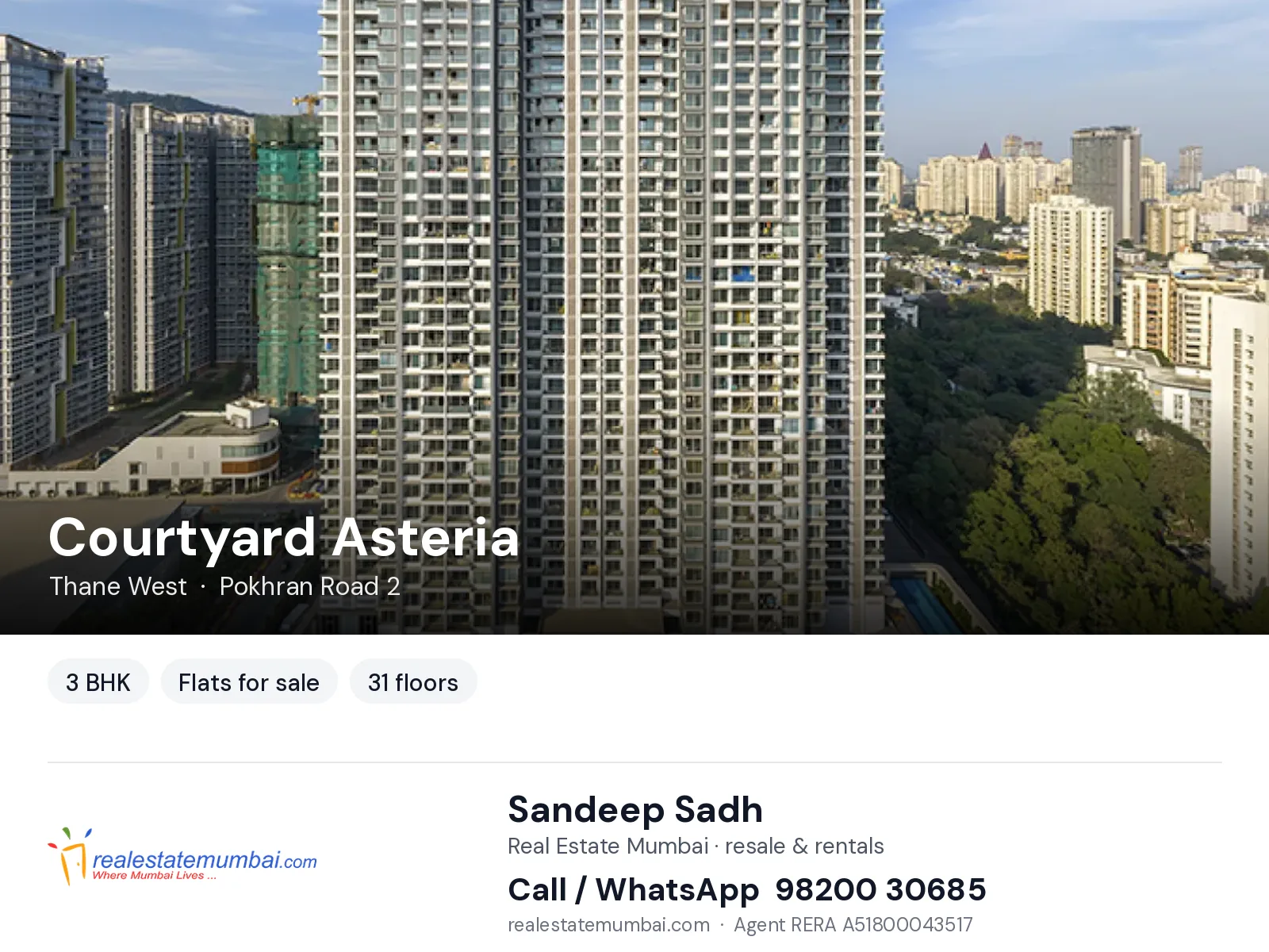 Courtyard Asteria, Thane West — 3 BHK flats for sale | Real Estate Mumbai, Sandeep Sadh 98200 30685