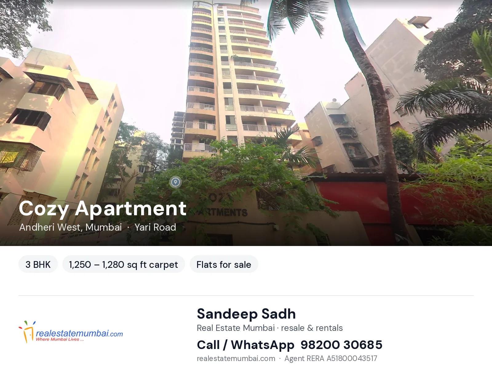 Cozy Apartment, Andheri West, Mumbai — 3 BHK flats for sale | Real Estate Mumbai, Sandeep Sadh 98200 30685