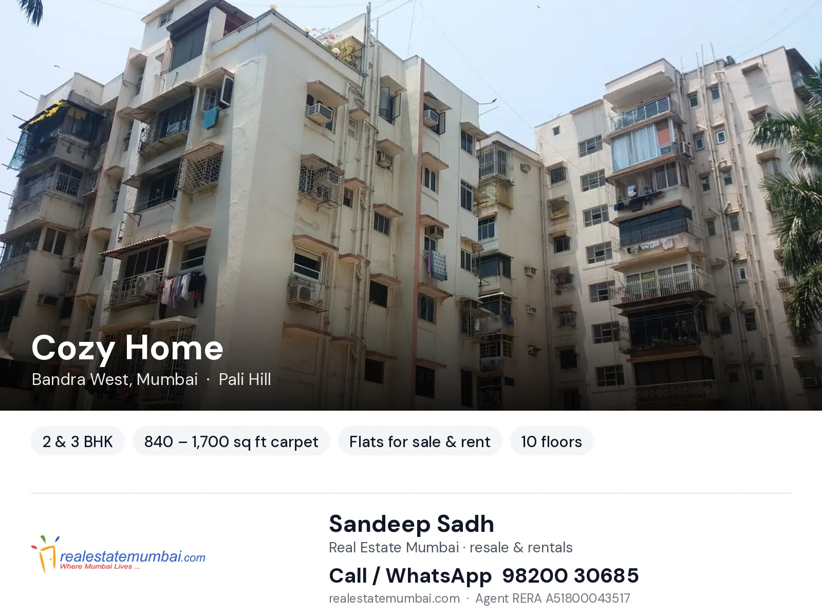 Cozy Home, Bandra West, Mumbai — 2 & 3 BHK flats for sale & rent | Real Estate Mumbai, Sandeep Sadh 98200 30685