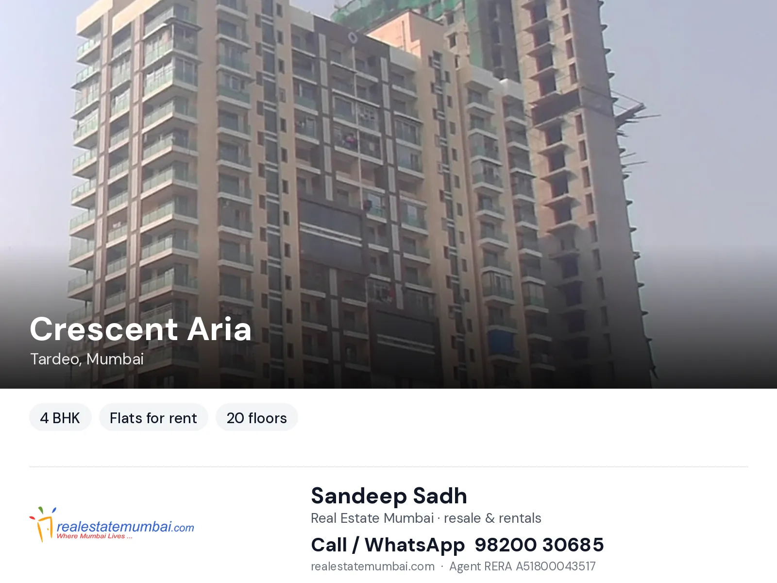 Crescent Aria, Tardeo, Mumbai — 4 BHK flats for rent | Real Estate Mumbai, Sandeep Sadh 98200 30685