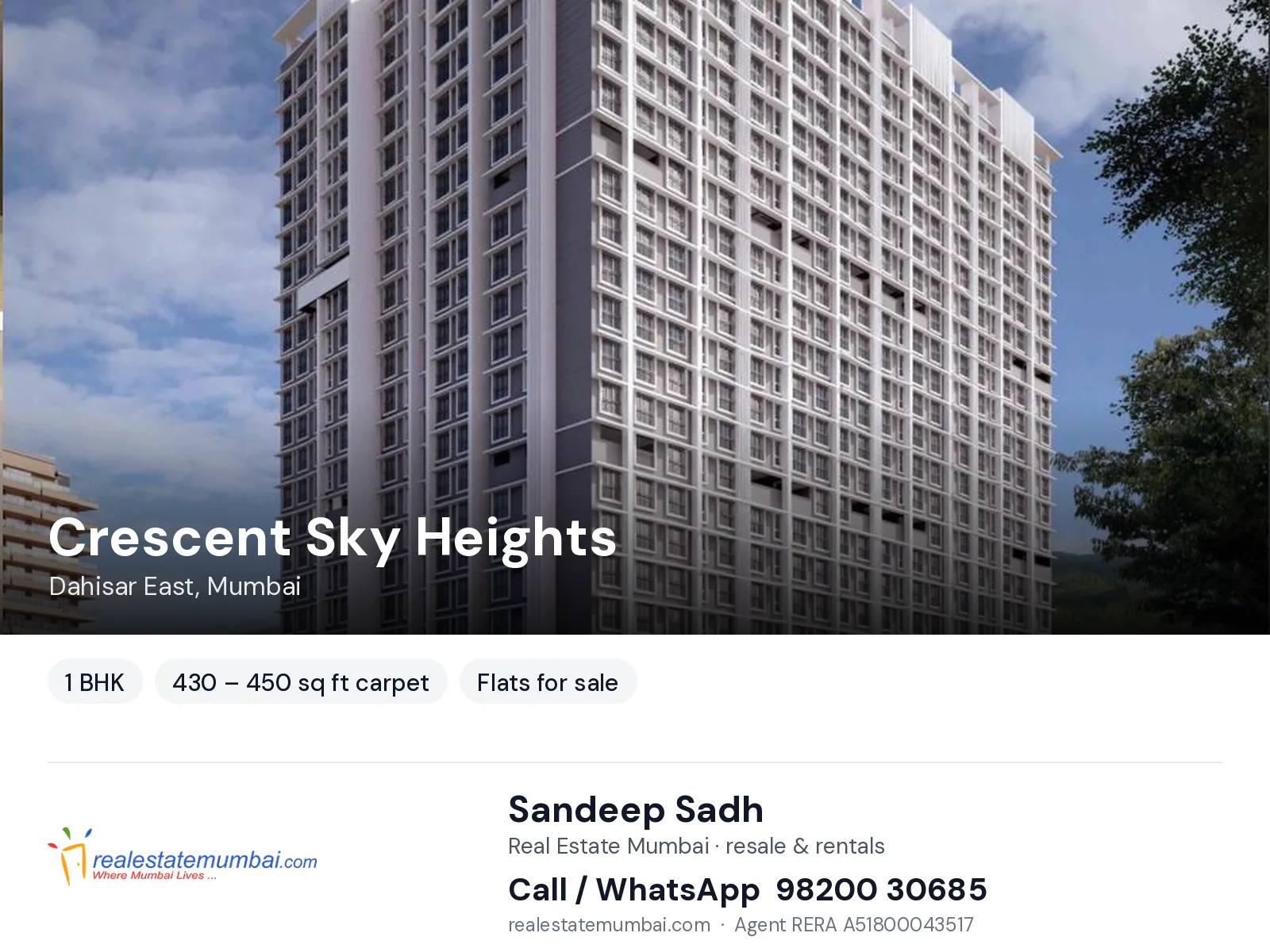 Crescent Sky Heights, Dahisar East, Mumbai — 1 BHK flats for sale | Real Estate Mumbai, Sandeep Sadh 98200 30685