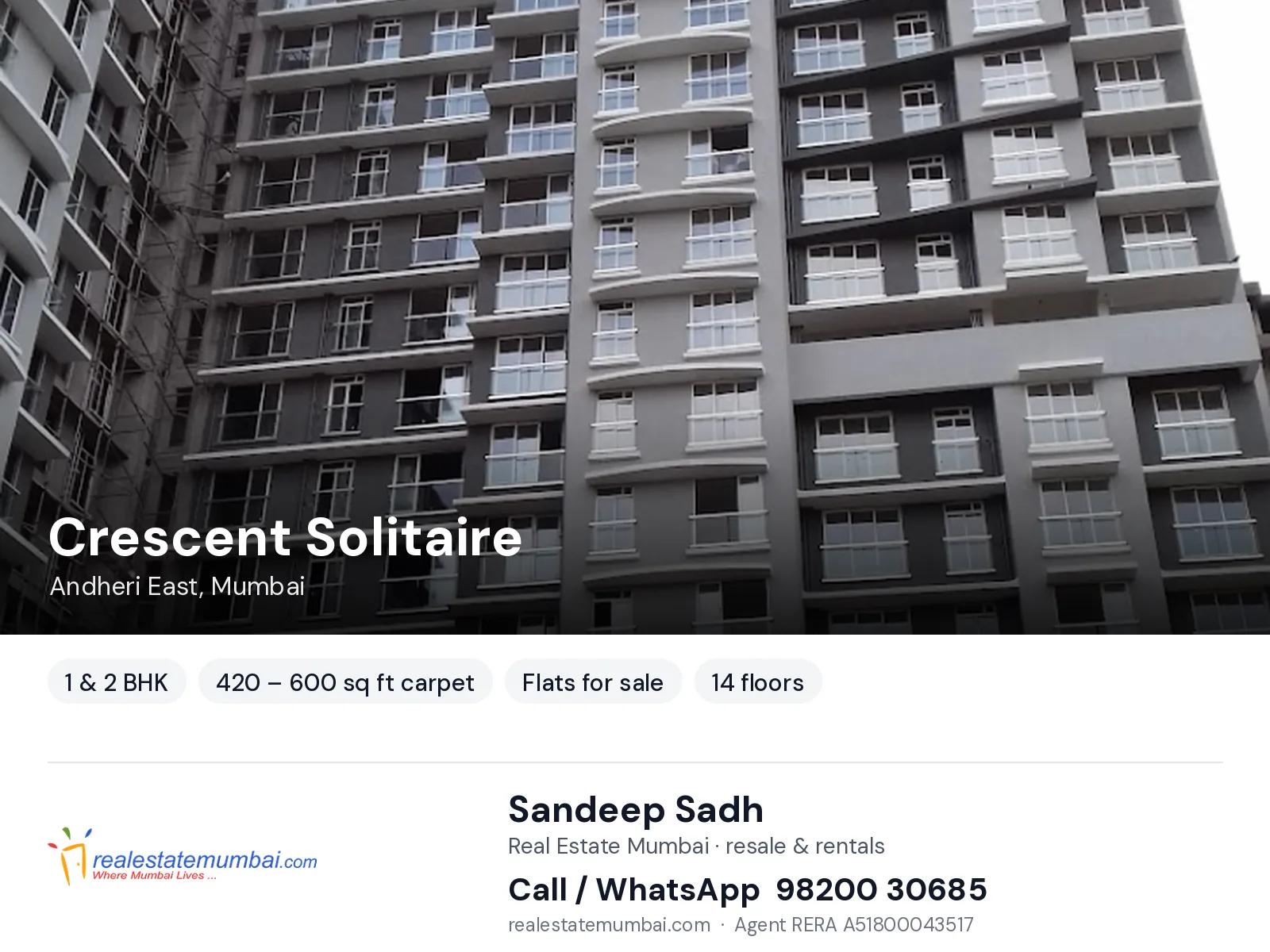 Crescent Solitaire, Andheri East, Mumbai — 1 & 2 BHK flats for sale | Real Estate Mumbai, Sandeep Sadh 98200 30685