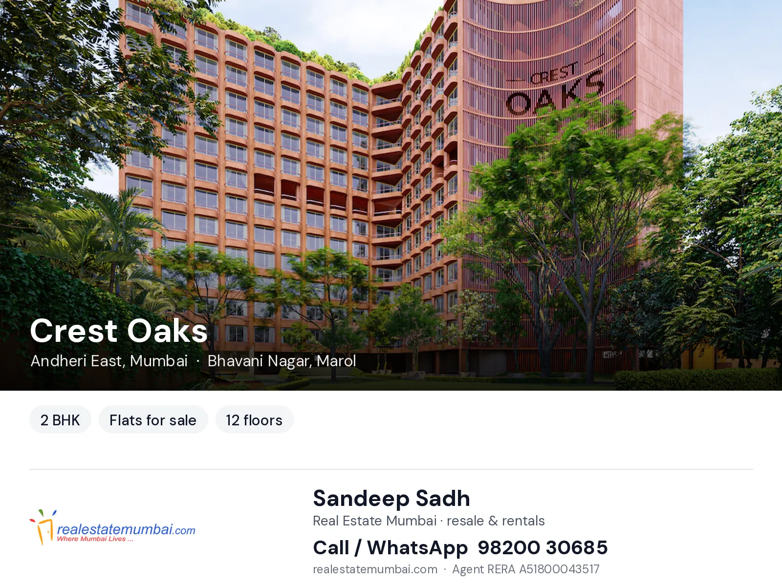 Crest Oaks, Andheri East, Mumbai — 2 BHK flats for sale | Real Estate Mumbai, Sandeep Sadh 98200 30685