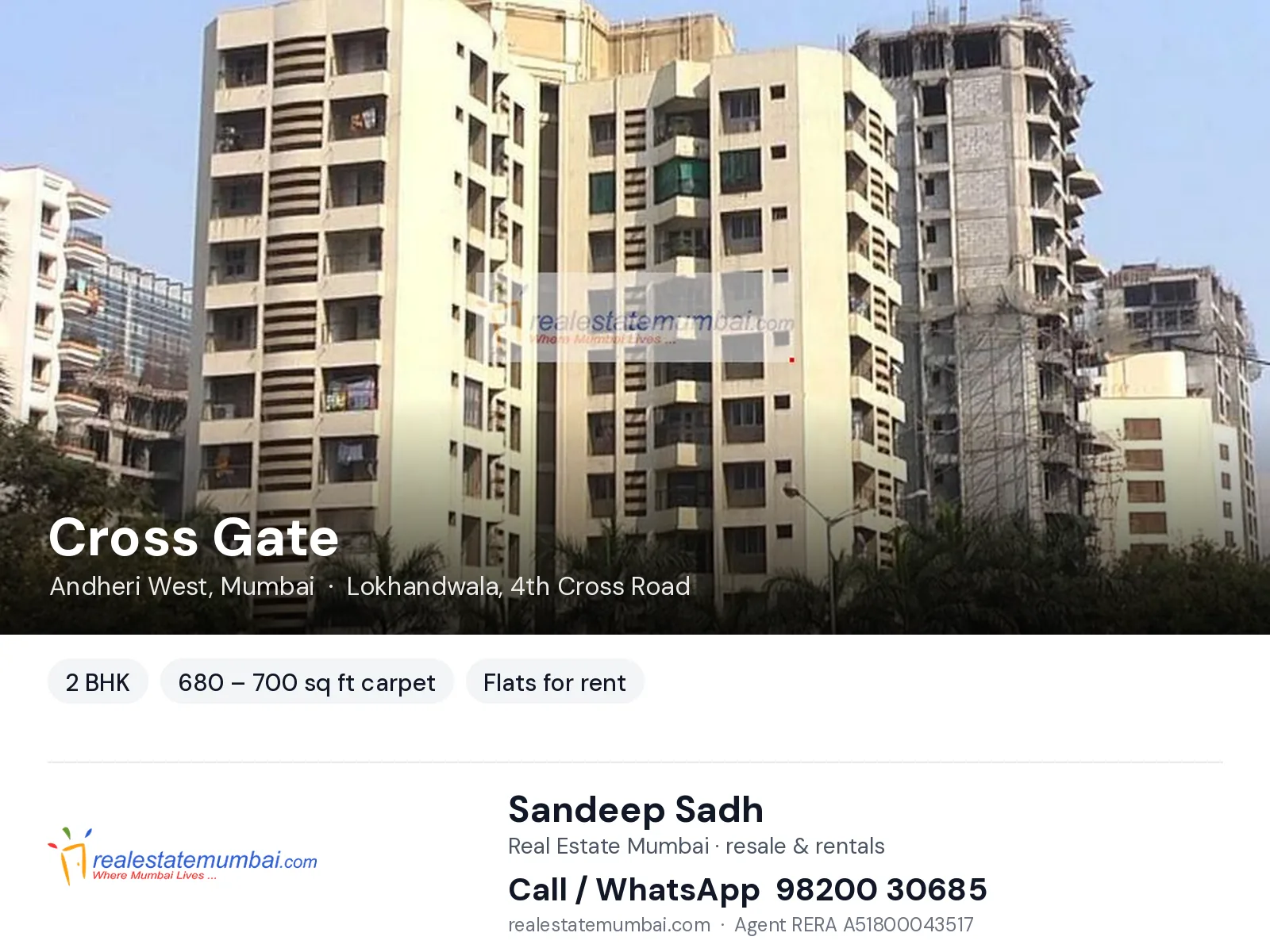 Cross Gate, Andheri West, Mumbai — 2 BHK flats for rent | Real Estate Mumbai, Sandeep Sadh 98200 30685