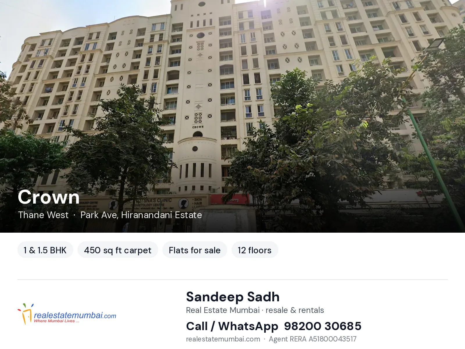 Crown, Thane West — 1 & 1.5 BHK flats for sale | Real Estate Mumbai, Sandeep Sadh 98200 30685