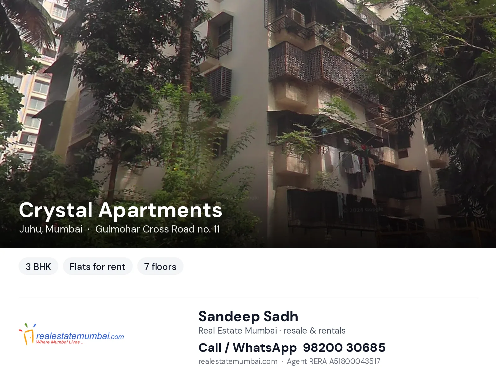 Crystal Apartments, Juhu, Mumbai — 3 BHK flats for rent | Real Estate Mumbai, Sandeep Sadh 98200 30685