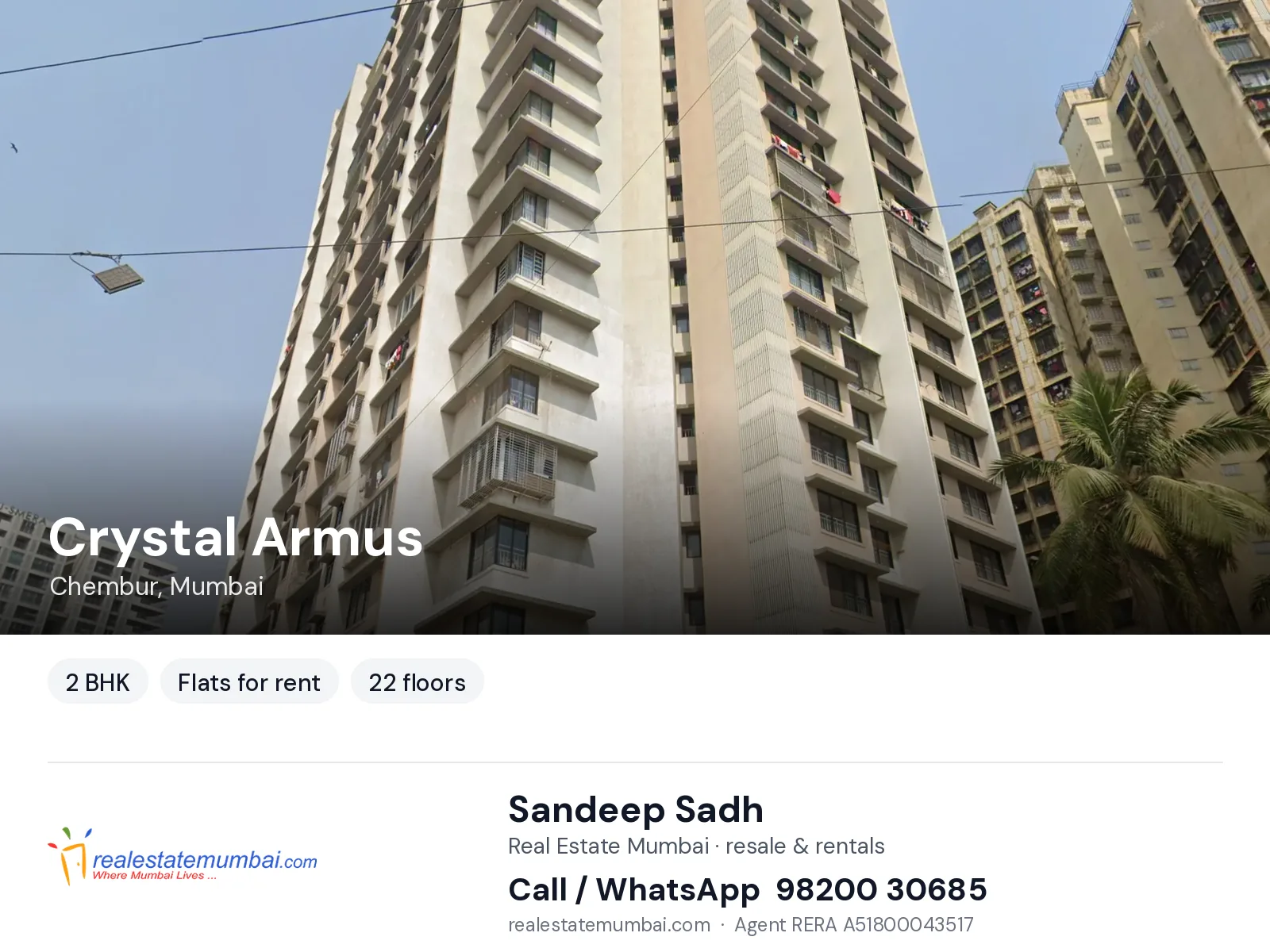 Crystal Armus, Chembur, Mumbai — 2 BHK flats for rent | Real Estate Mumbai, Sandeep Sadh 98200 30685