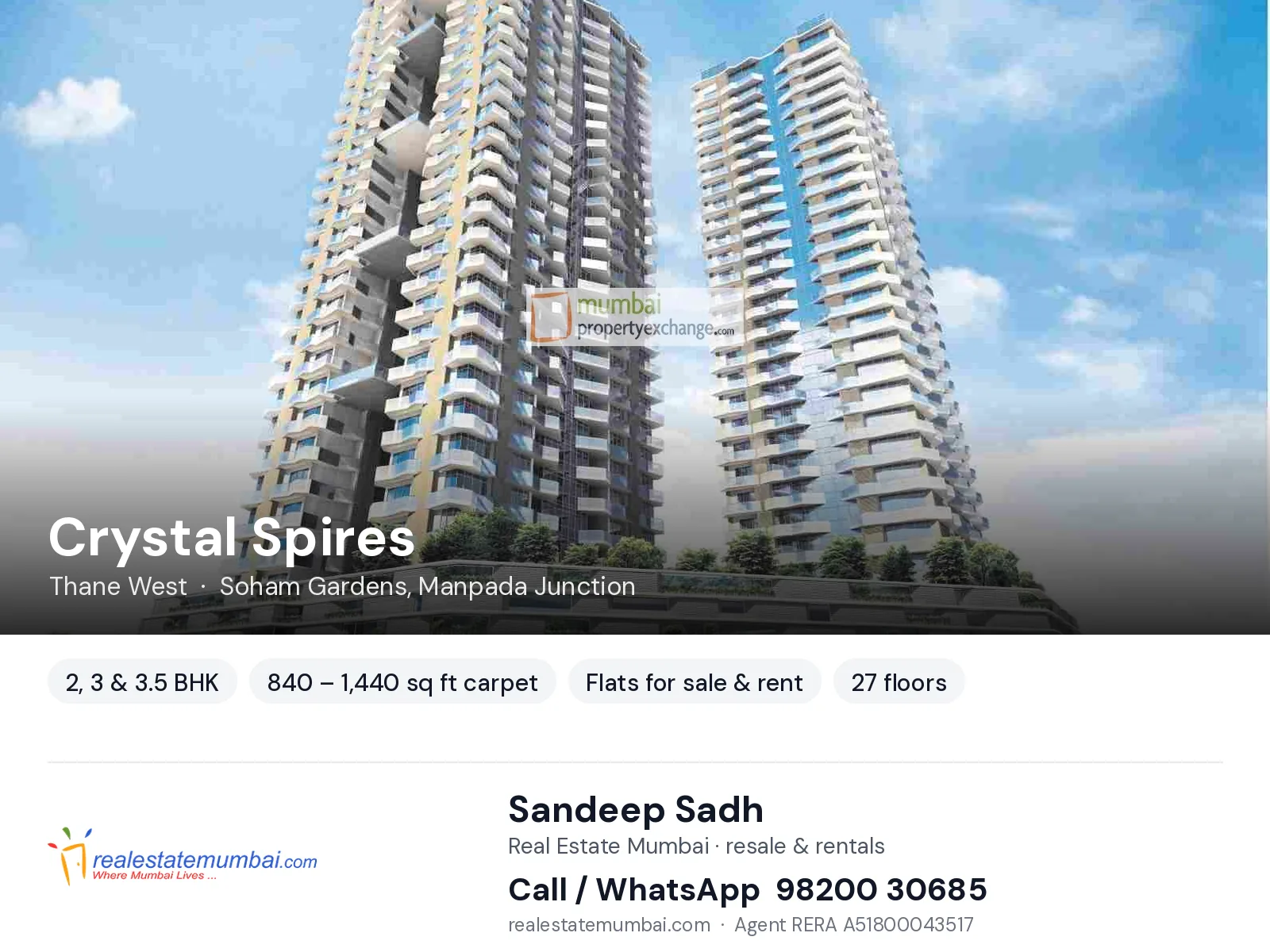 Crystal Spires, Thane West — 2, 3 & 3.5 BHK flats for sale & rent | Real Estate Mumbai, Sandeep Sadh 98200 30685