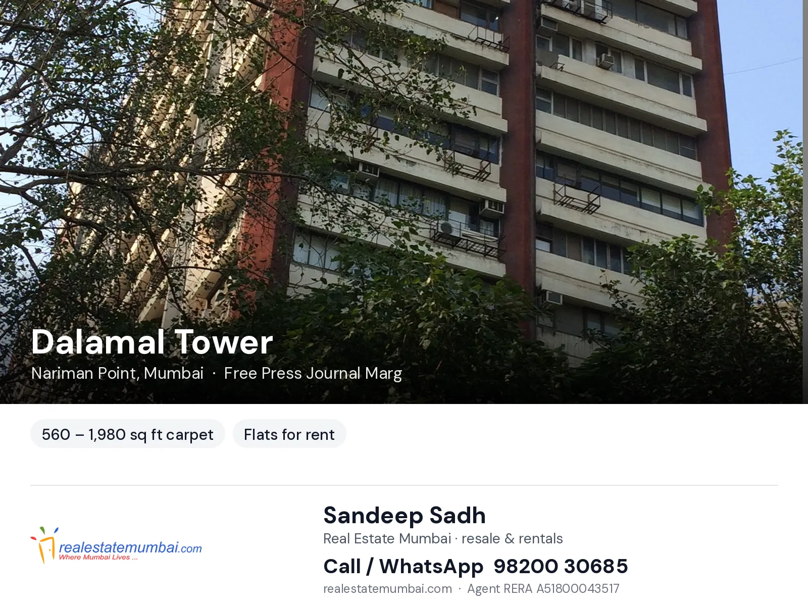 Dalamal Tower, Nariman Point, Mumbai — flats for rent | Real Estate Mumbai, Sandeep Sadh 98200 30685