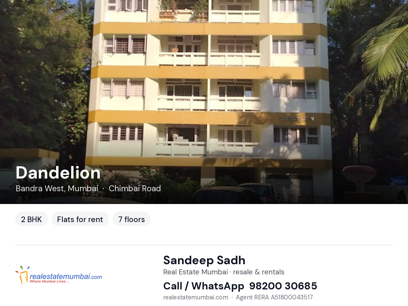 Dandelion, Bandra West, Mumbai — 2 BHK flats for rent | Real Estate Mumbai, Sandeep Sadh 98200 30685