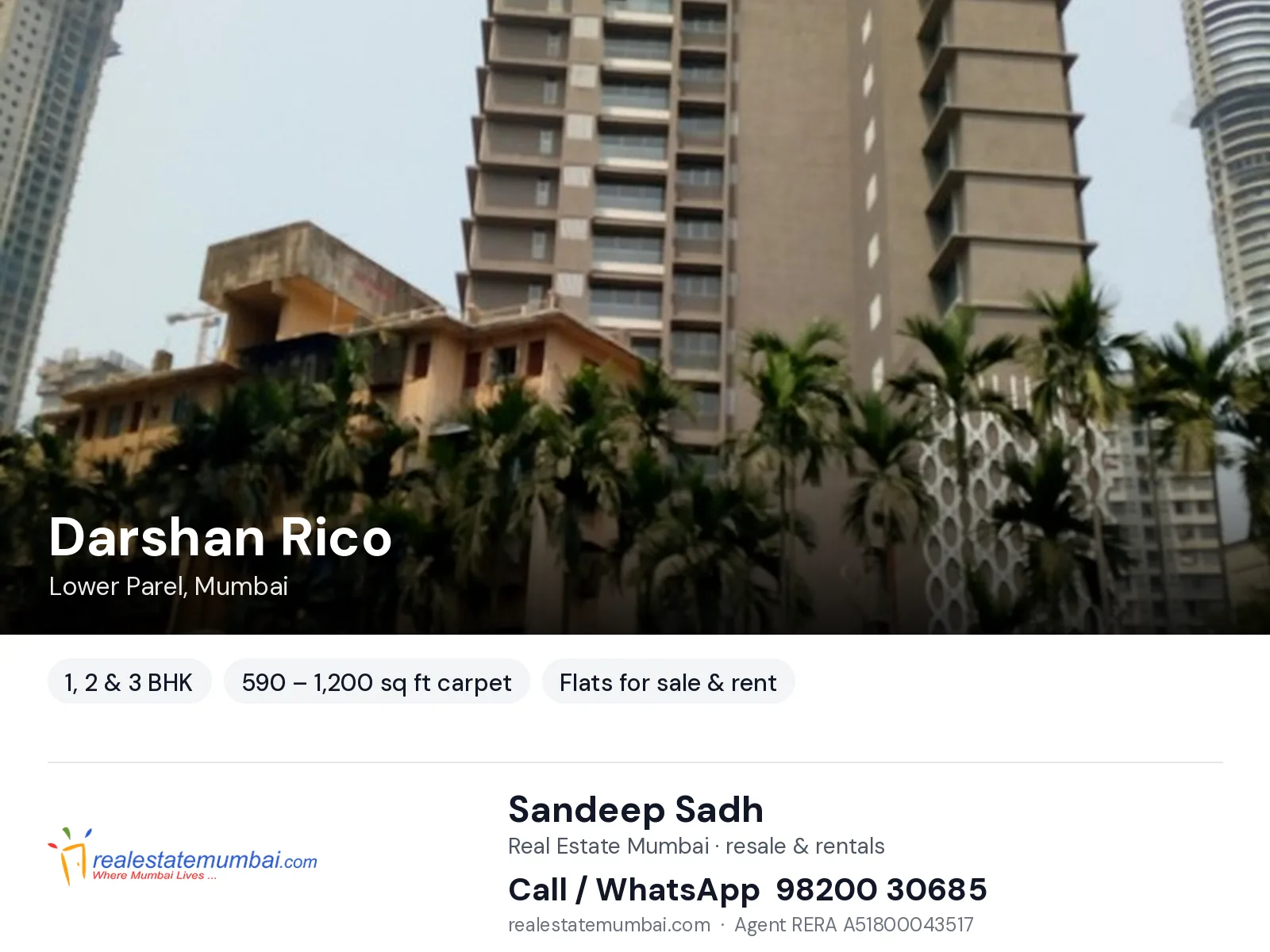 Darshan Rico, Lower Parel, Mumbai — 1, 2 & 3 BHK flats for sale & rent | Real Estate Mumbai, Sandeep Sadh 98200 30685