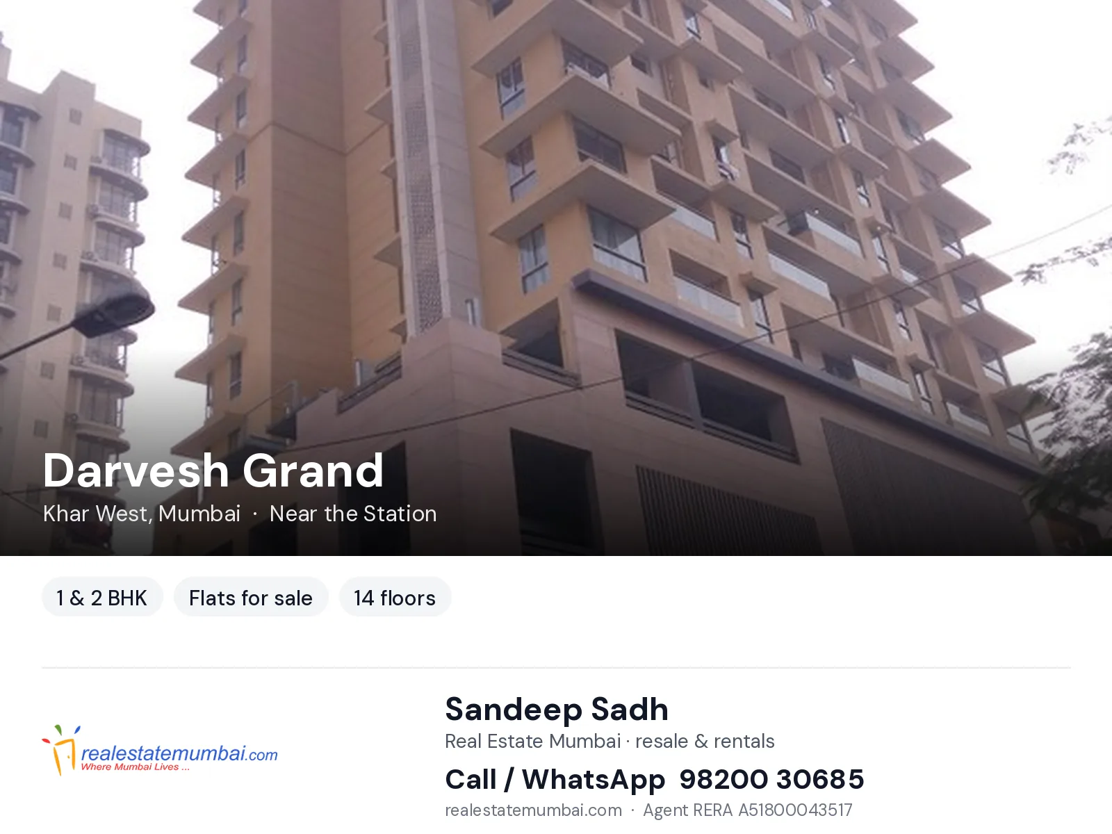 Darvesh Grand, Khar West, Mumbai — 1 & 2 BHK flats for sale | Real Estate Mumbai, Sandeep Sadh 98200 30685