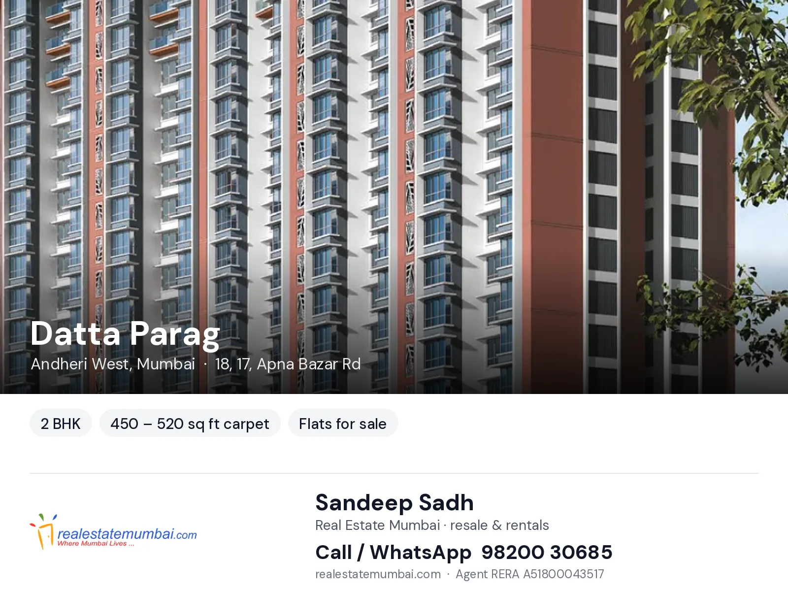Datta Parag, Andheri West, Mumbai — 2 BHK flats for sale | Real Estate Mumbai, Sandeep Sadh 98200 30685