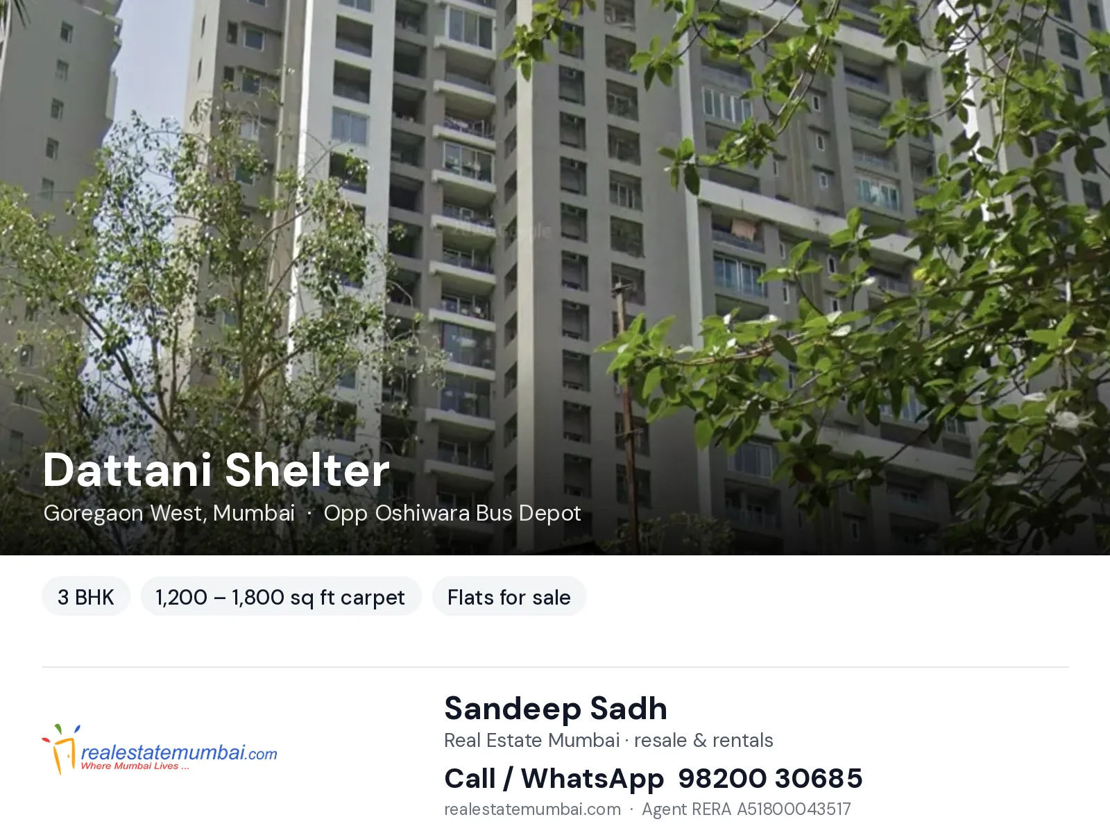 Dattani Shelter, Goregaon West, Mumbai — 3 BHK flats for sale | Real Estate Mumbai, Sandeep Sadh 98200 30685