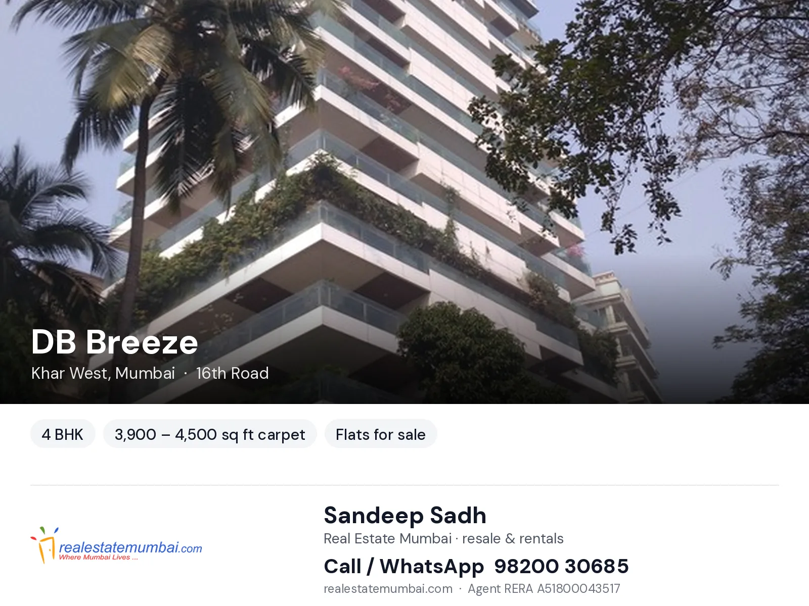 DB Breeze, Khar West, Mumbai — 4 BHK flats for sale | Real Estate Mumbai, Sandeep Sadh 98200 30685