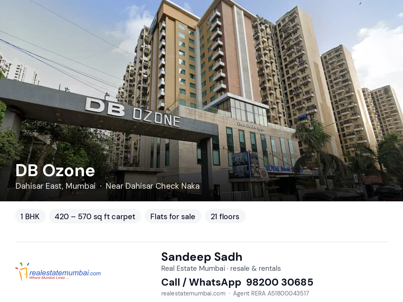 DB Ozone, Dahisar East, Mumbai — 1 BHK flats for sale | Real Estate Mumbai, Sandeep Sadh 98200 30685