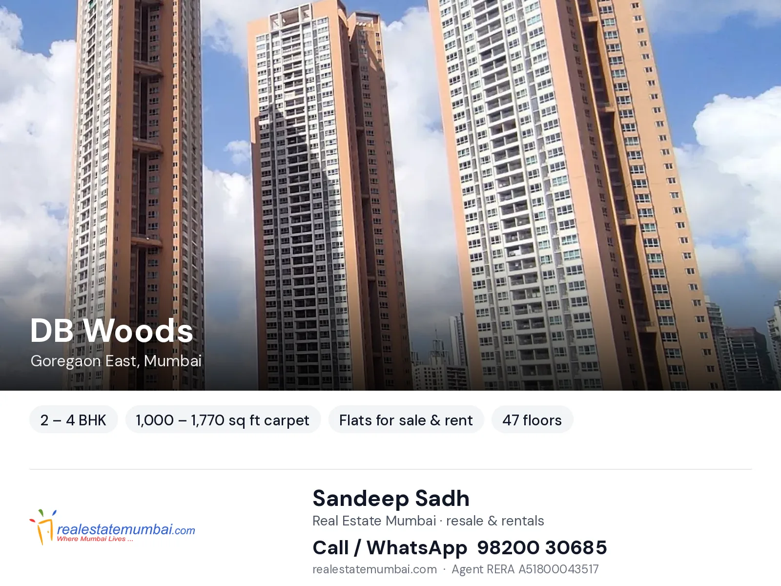 DB Woods, Goregaon East, Mumbai — 2 – 4 BHK flats for sale & rent | Real Estate Mumbai, Sandeep Sadh 98200 30685