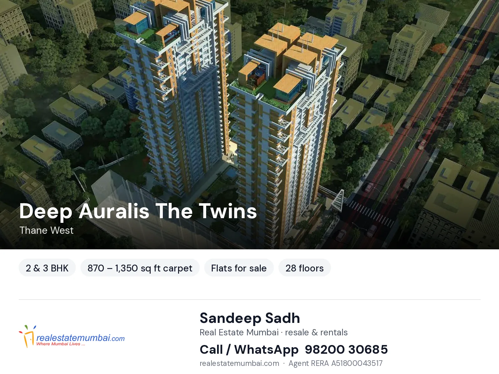 Deep Auralis The Twins, Thane West — 2 & 3 BHK flats for sale | Real Estate Mumbai, Sandeep Sadh 98200 30685