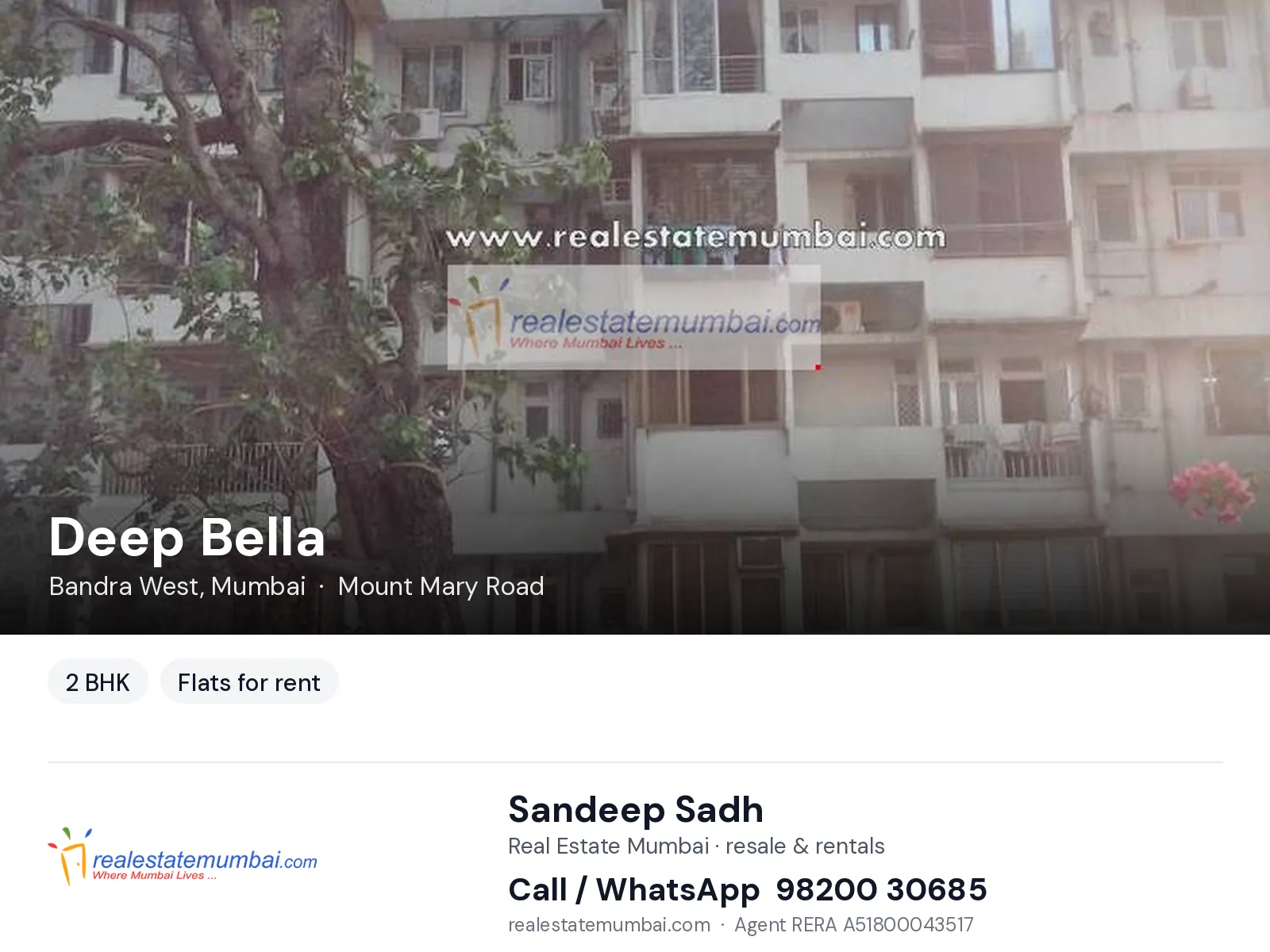 Deep Bella, Bandra West, Mumbai — 2 BHK flats for rent | Real Estate Mumbai, Sandeep Sadh 98200 30685