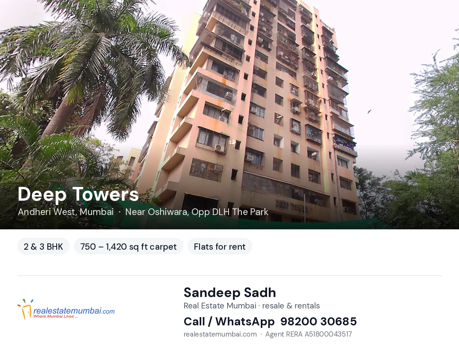 Deep Towers, Andheri West, Mumbai — 2 & 3 BHK flats for rent | Real Estate Mumbai, Sandeep Sadh 98200 30685
