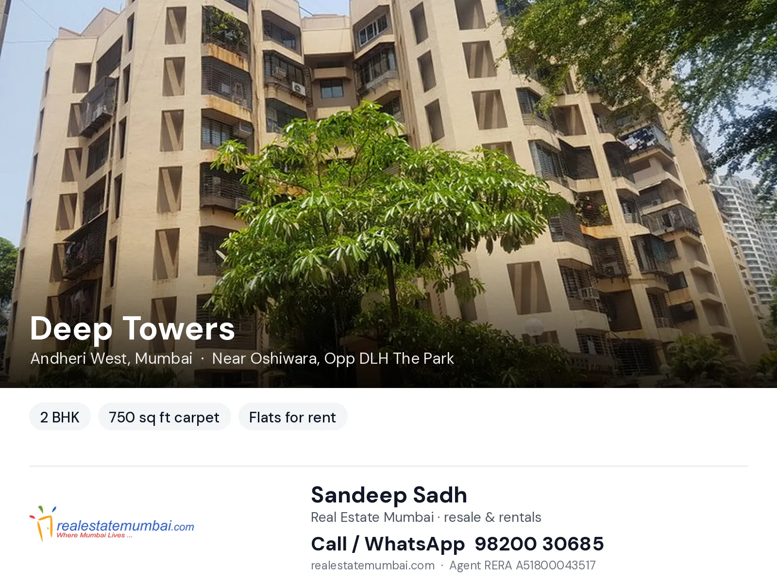 Deep Towers, Andheri West, Mumbai — 2 BHK flats for rent | Real Estate Mumbai, Sandeep Sadh 98200 30685