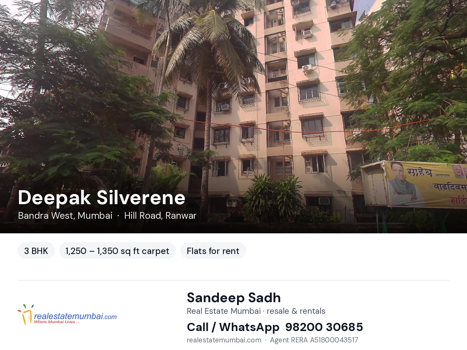 Deepak Silverene, Bandra West, Mumbai — 3 BHK flats for rent | Real Estate Mumbai, Sandeep Sadh 98200 30685