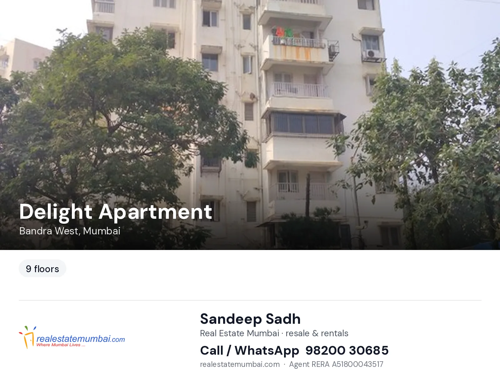 Delight Apartment, Bandra West, Mumbai — flats | Real Estate Mumbai, Sandeep Sadh 98200 30685