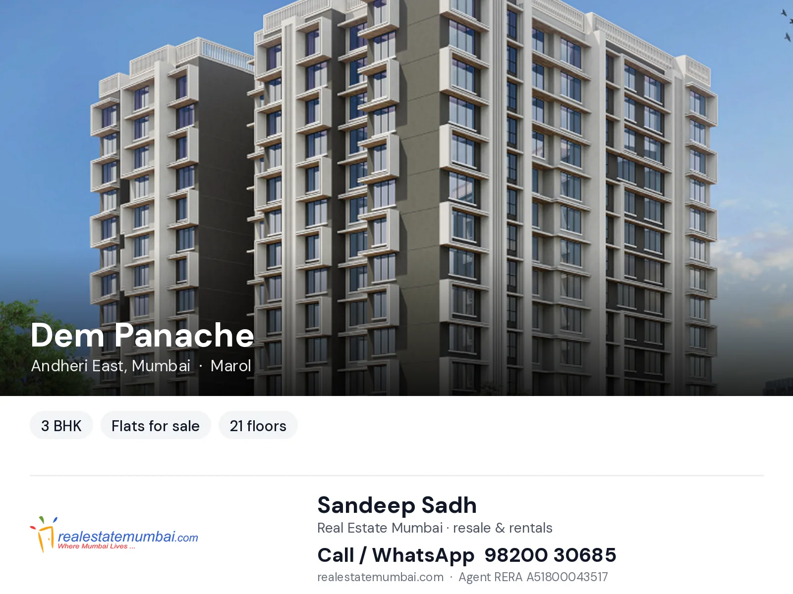 Dem Panache, Andheri East, Mumbai — 3 BHK flats for sale | Real Estate Mumbai, Sandeep Sadh 98200 30685