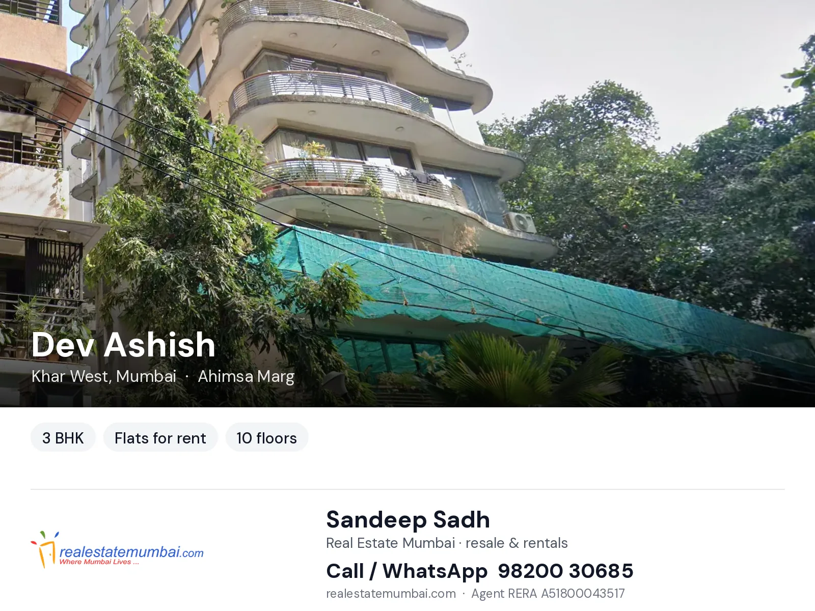Dev Ashish, Khar West, Mumbai — 3 BHK flats for rent | Real Estate Mumbai, Sandeep Sadh 98200 30685