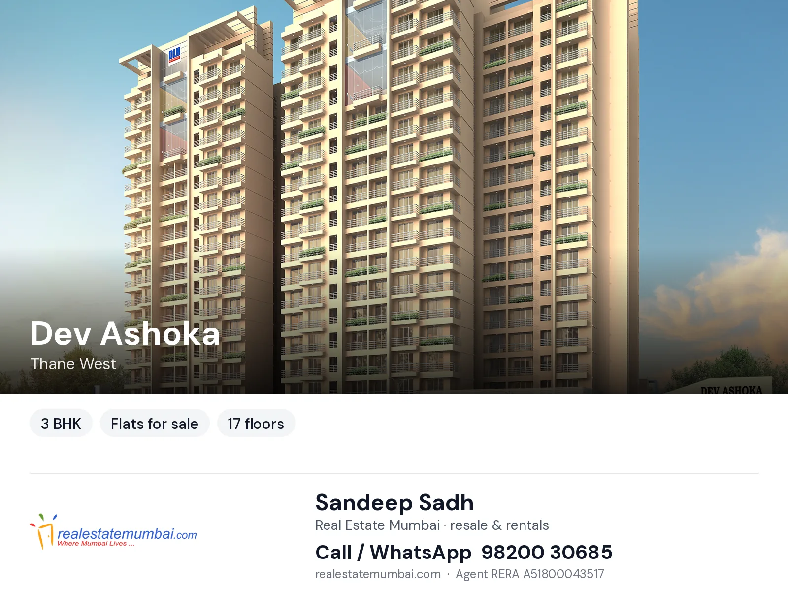 Dev Ashoka, Thane West — 3 BHK flats for sale | Real Estate Mumbai, Sandeep Sadh 98200 30685