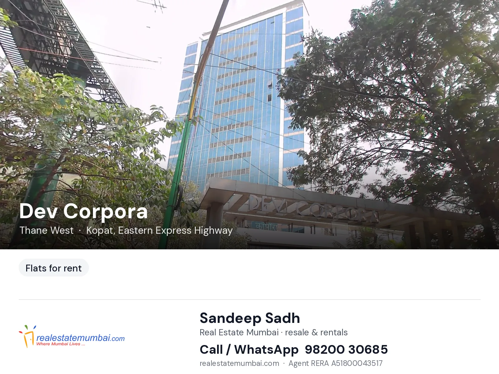 Dev Corpora, Thane West — flats for rent | Real Estate Mumbai, Sandeep Sadh 98200 30685