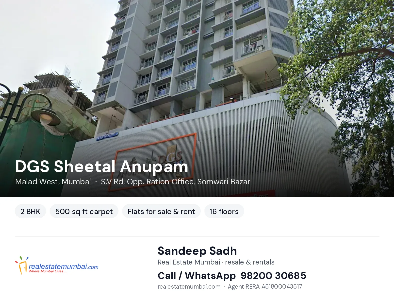 DGS Sheetal Anupam, Malad West, Mumbai — 2 BHK flats for sale & rent | Real Estate Mumbai, Sandeep Sadh 98200 30685