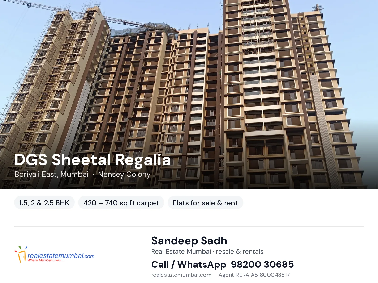 DGS Sheetal Regalia, Borivali East, Mumbai — 1.5, 2 & 2.5 BHK flats for sale & rent | Real Estate Mumbai, Sandeep Sadh 98200 30685